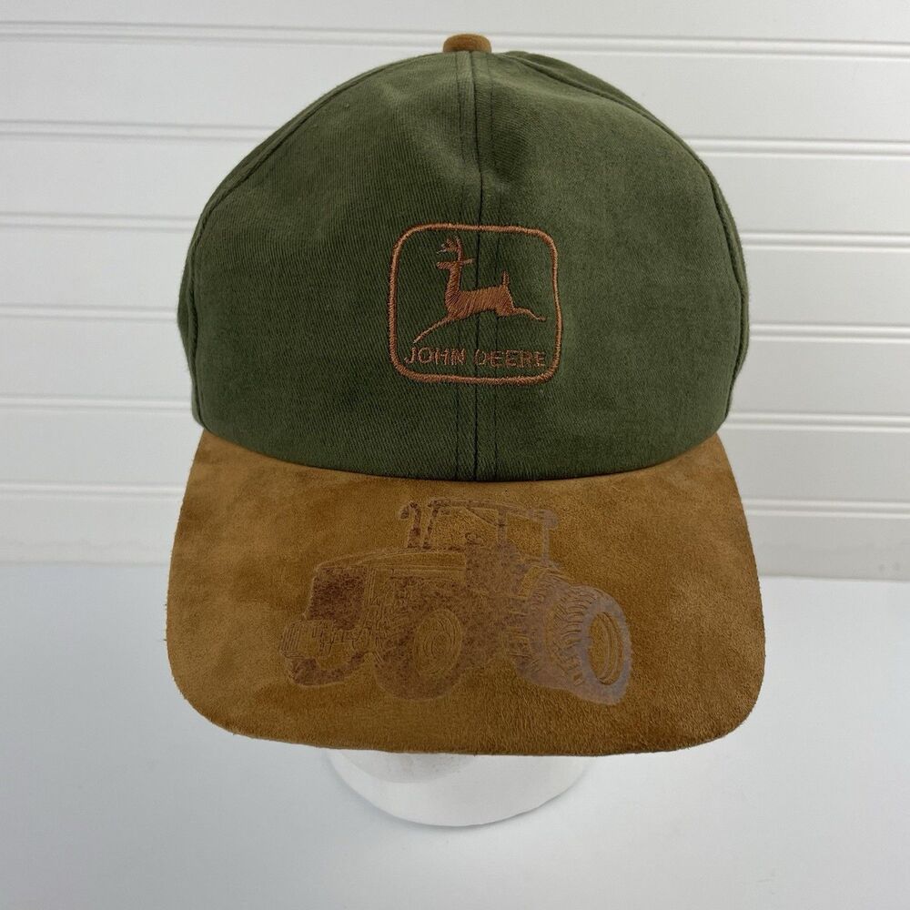 Vintage John Deere K Products Suede Bill Farm Snapback Hat Cap Green Made in USA
